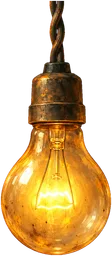 A bare light bulb glowing warm yellow on a twisted wire