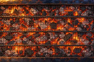 Grill level 1: a cut oil-drum suya grill, rusty but cared for, glowing charcoal under a flat, neat wire mesh
