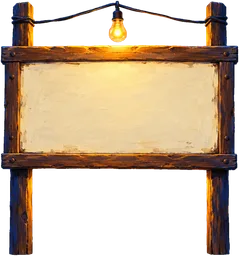 A blank wooden stall signboard on two posts, a small bulb on a wire above it
