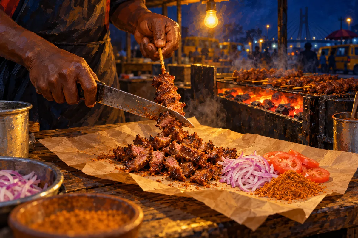 A suya seller’s hands slicing grilled beef suya off a wooden skewer onto brown paper, beside sliced onion, tomato and a heap of yaji