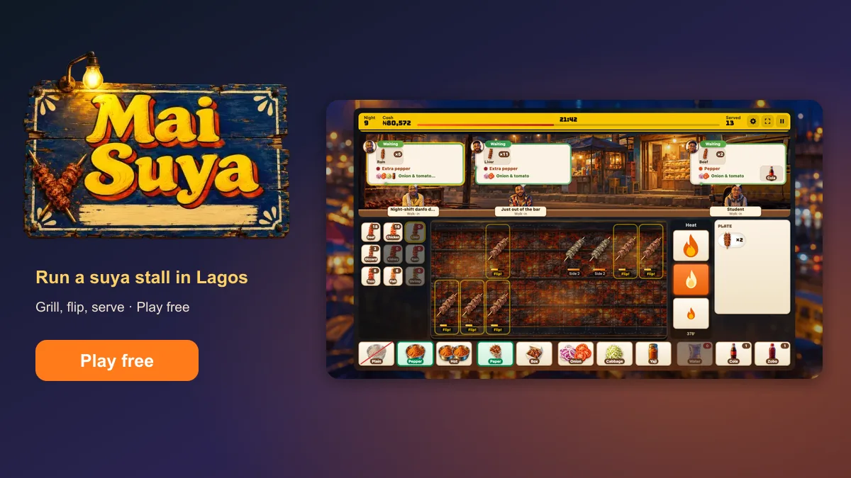 Mai Suya key art: the blue and gold Mai Suya signboard with the line Run a suya stall in Lagos, beside the game’s wide trading screen