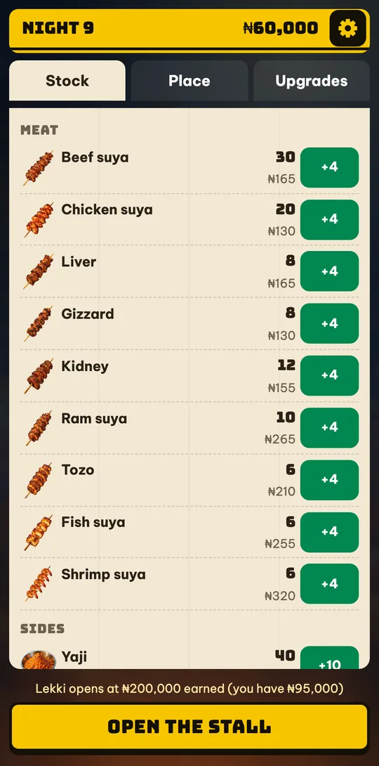 The morning stock list on a phone: every meat with its count, its price and a buy button