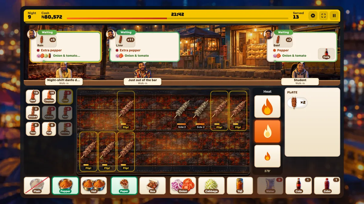 A night at the suya stall on a computer: order cards across the top, the grill in the middle, the heat buttons and the plate on the right