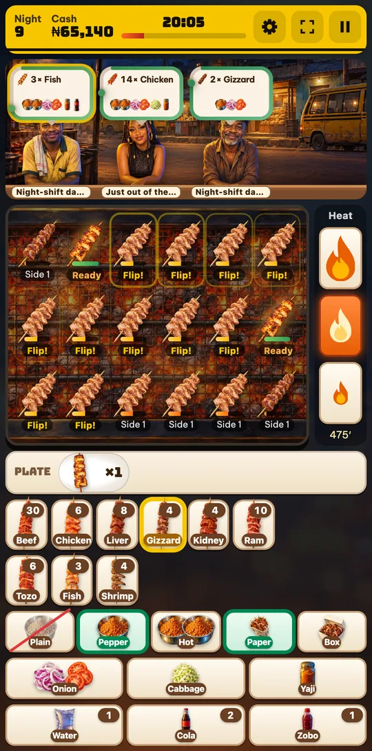 A night at the suya stall on a phone: order cards along the top, skewers on the grill, the heat buttons, the plate and the meat tray