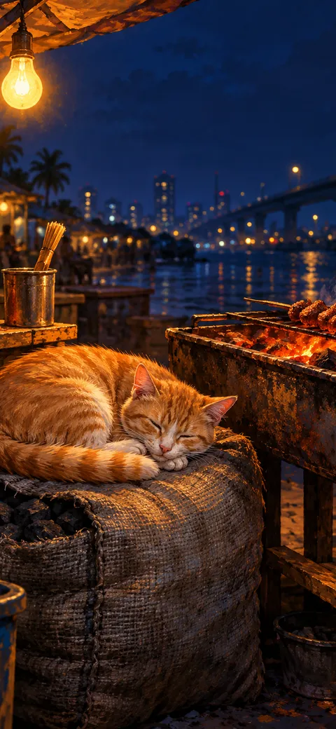 Phone version: Painting of a ginger street cat asleep on a sack of charcoal beside a suya grill at night, the coals glowing softly, a skewer cooling on the rail and a bare bulb overhead