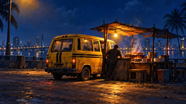 Painting of a yellow danfo bus with black stripes parked beside a suya stall at night, its driver a soft silhouette leaning on the counter, lit by the bulb and the charcoal glow