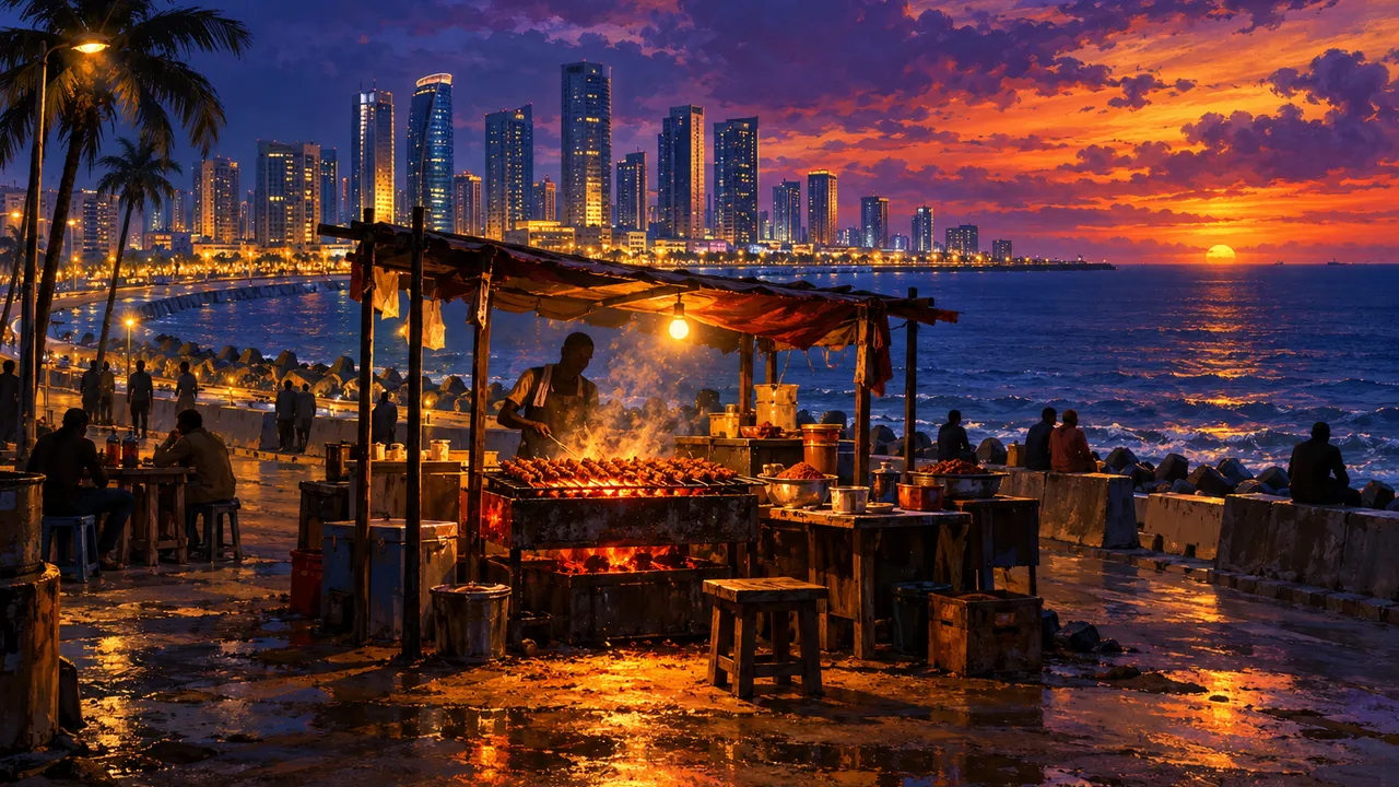 Painting of the towers of Eko Atlantic City at dusk on the reclaimed shore, the Atlantic Ocean beyond under a violet and orange sky