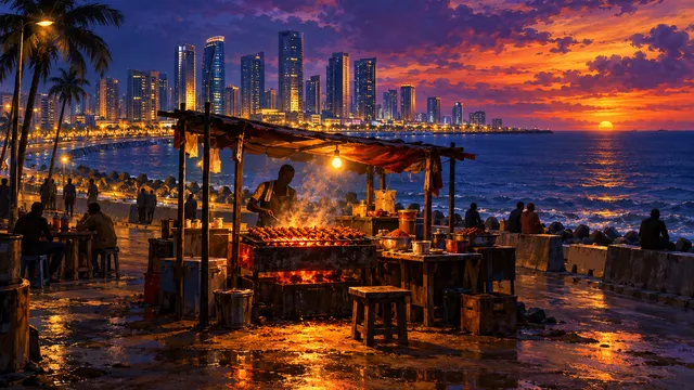 Painting of the towers of Eko Atlantic City at dusk on the reclaimed shore, the Atlantic Ocean beyond under a violet and orange sky