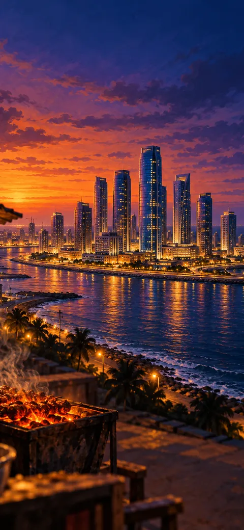 Phone version: Painting of the towers of Eko Atlantic City at dusk on the reclaimed shore, the Atlantic Ocean beyond under a violet and orange sky