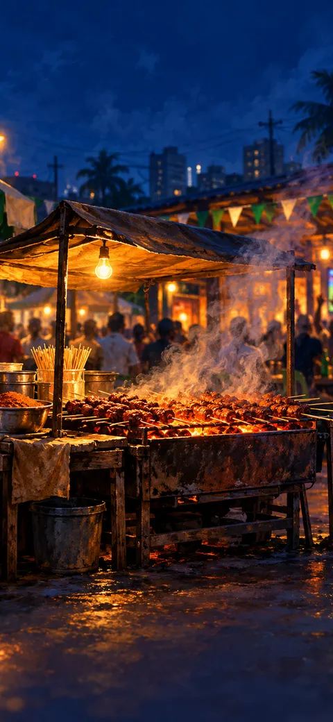 Phone version: Painting of a suya stall outside a Surulere bar on match night: green and white bunting, the glow of a television inside the bar, a crowd of soft silhouettes and smoke from the grill