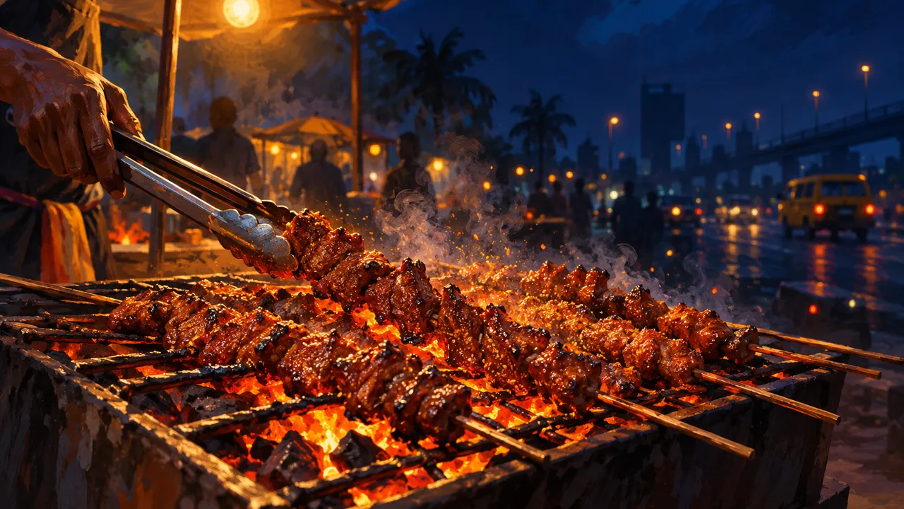 Close-up painting of suya skewers on a charcoal grill: beef slices caramelising, tongs turning one skewer, sparks and embers rising, yaji spice dust in the air