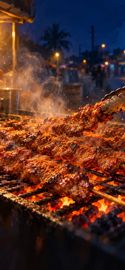 Phone version: Close-up painting of suya skewers on a charcoal grill: beef slices caramelising, tongs turning one skewer, sparks and embers rising, yaji spice dust in the air