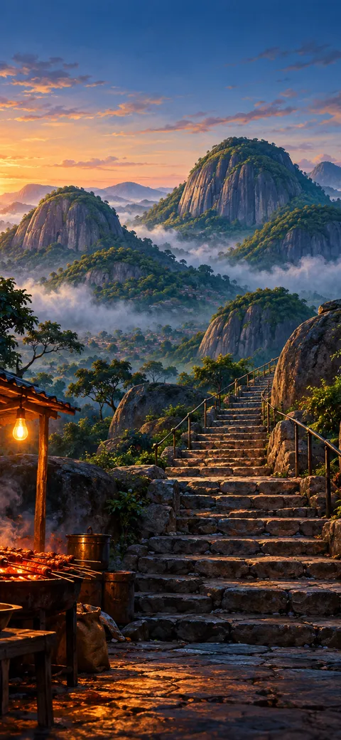 Phone version: Painting of the Idanre Hills in Ondo State at dawn, green domed hills in mist, a stone stairway and soft light