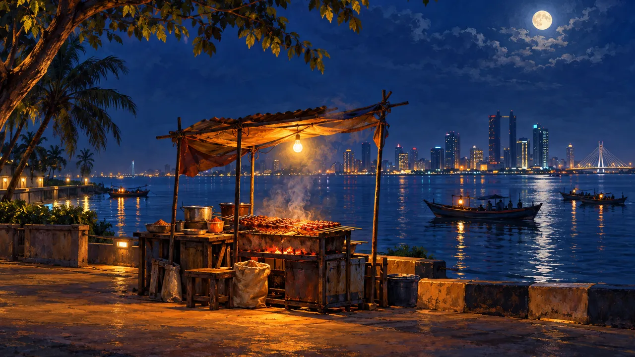 Painting of the Lagos Lagoon at night seen from Ikoyi, fishing boats with lanterns on the water, the Lekki skyline across it and the moon above
