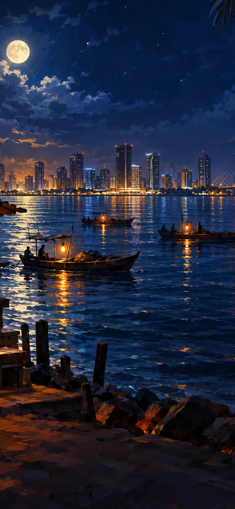 Phone version: Painting of the Lagos Lagoon at night seen from Ikoyi, fishing boats with lanterns on the water, the Lekki skyline across it and the moon above