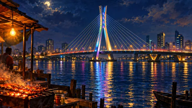 Painting of the Lekki-Ikoyi Link Bridge at night, its cable-stayed pylon lit in colour, reflections in the water and light trails of traffic