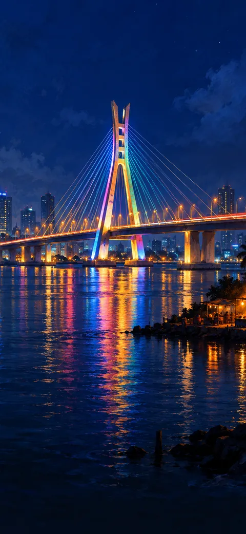Phone version: Painting of the Lekki-Ikoyi Link Bridge at night, its cable-stayed pylon lit in colour, reflections in the water and light trails of traffic