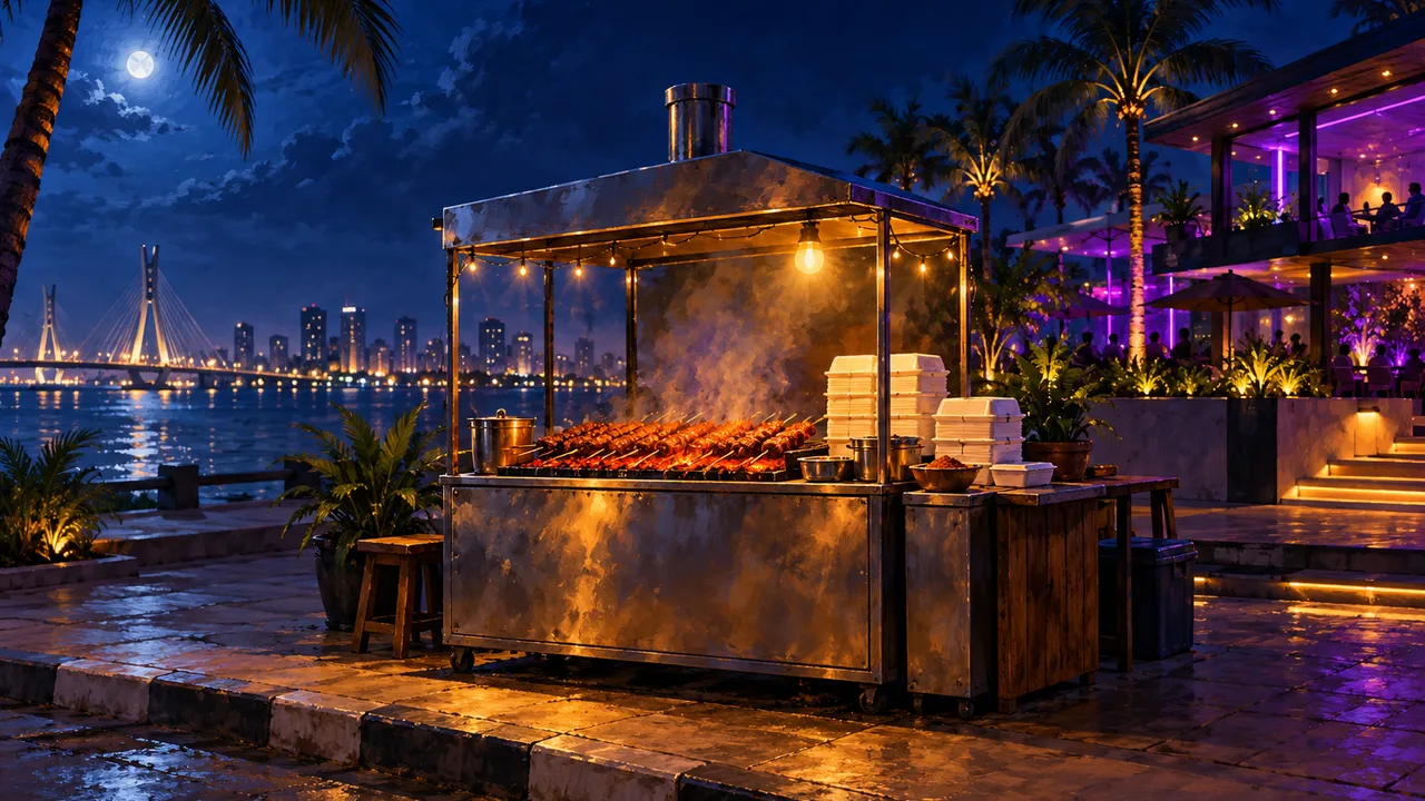 Painting of an upscale suya stand in Lekki at night: a stainless-steel grill with a hood, white takeaway boxes, fairy lights, a lounge with purple neon behind and palm trees