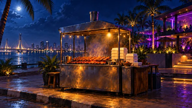 Painting of an upscale suya stand in Lekki at night: a stainless-steel grill with a hood, white takeaway boxes, fairy lights, a lounge with purple neon behind and palm trees