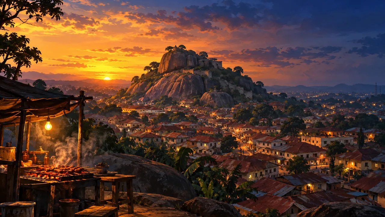Painting of Olumo Rock in Abeokuta at sunset, the rust-red rooftops of the old town below and a golden sky