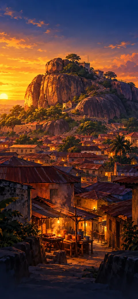 Phone version: Painting of Olumo Rock in Abeokuta at sunset, the rust-red rooftops of the old town below and a golden sky
