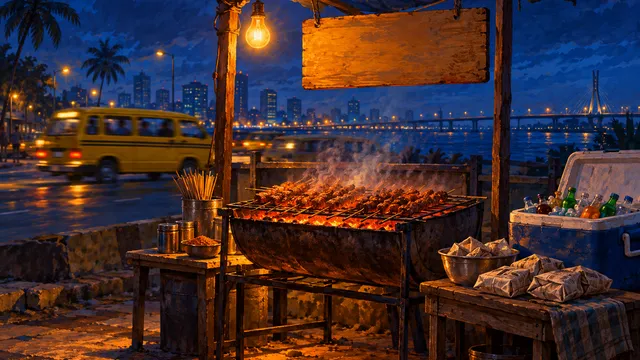 Painting of a Lagos roadside suya stall at night: a half-drum grill of glowing coals with rows of skewers, a bare bulb on a wire, a blank signboard, a cooler and newspaper bundles, a yellow danfo blurred behind