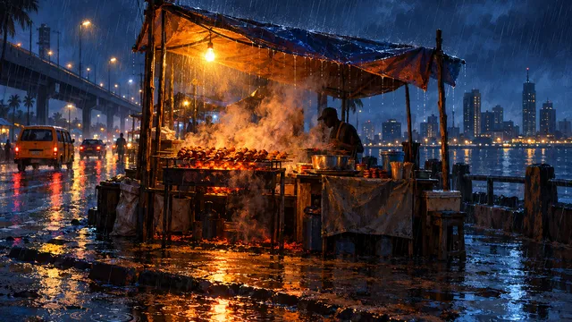 Painting of a suya stall on a rainy Lagos night: a tarpaulin stretched over the grill, rain streaks in the bulb light, steam and smoke rising from the coals, the wet road mirroring orange and blue lights