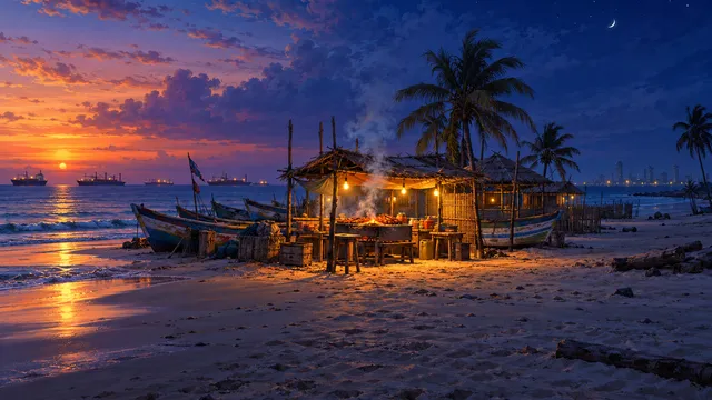 Painting of Tarkwa Bay beach at sunset, wooden boats pulled up on the sand, bamboo huts and ships at anchor on the horizon
