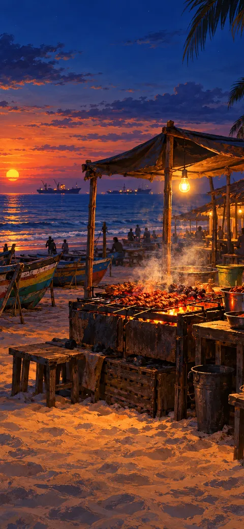 Phone version: Painting of Tarkwa Bay beach at sunset, wooden boats pulled up on the sand, bamboo huts and ships at anchor on the horizon