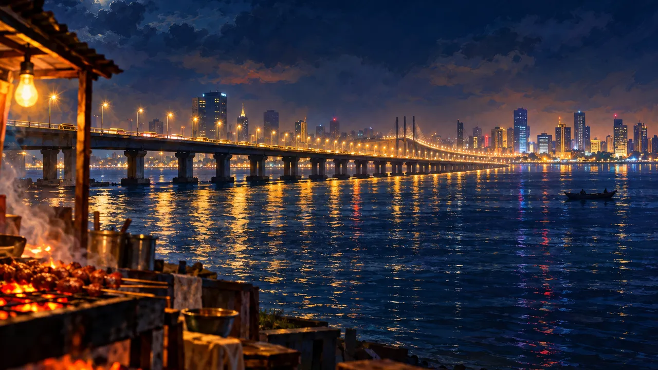 Painting of the Third Mainland Bridge at night, a chain of streetlights stretching over the Lagos Lagoon towards the glowing skyline