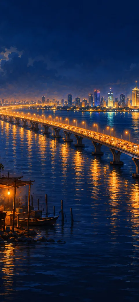 Phone version: Painting of the Third Mainland Bridge at night, a chain of streetlights stretching over the Lagos Lagoon towards the glowing skyline