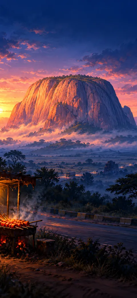 Phone version: Painting of Zuma Rock near Abuja at dawn, the huge monolith lit pink and gold above mist in the savannah